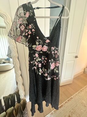 ASOS Floral One-Shoulder Ruffle Midi Dress with Pink Embroidery